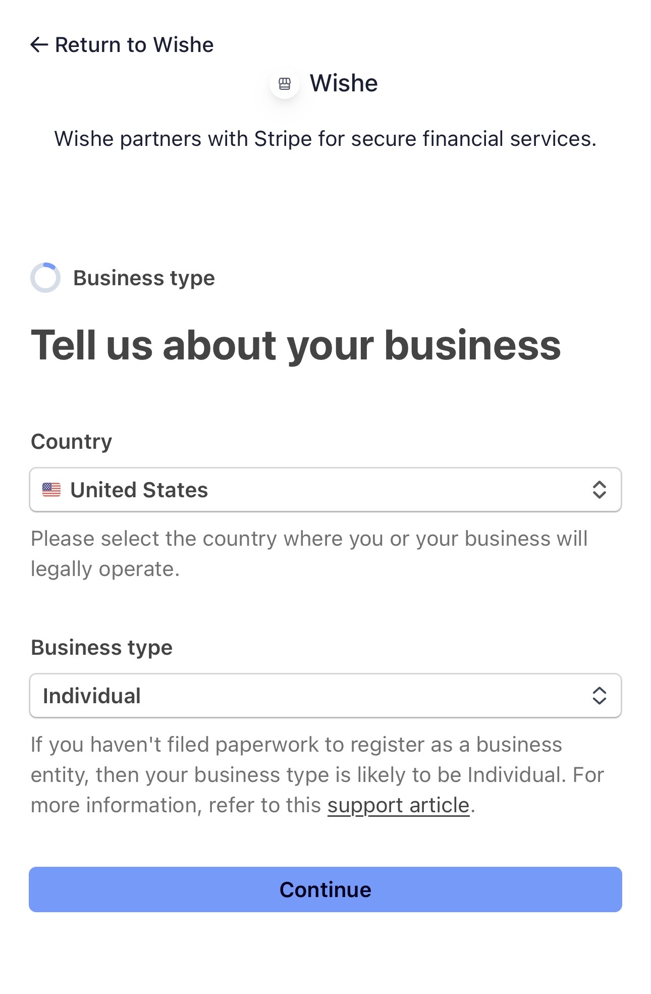 Stripe business type screen showing Individual selected