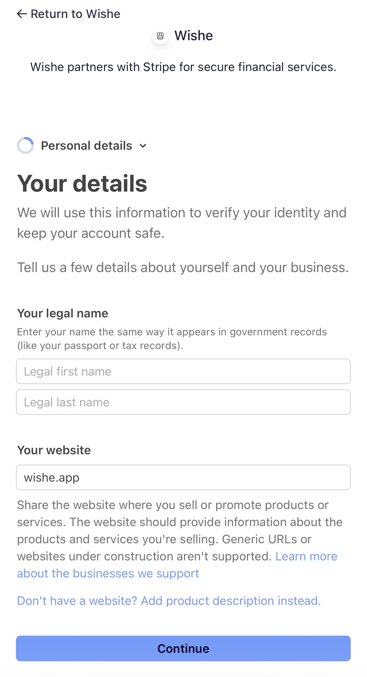 Stripe personal details screen showing legal name and website fields