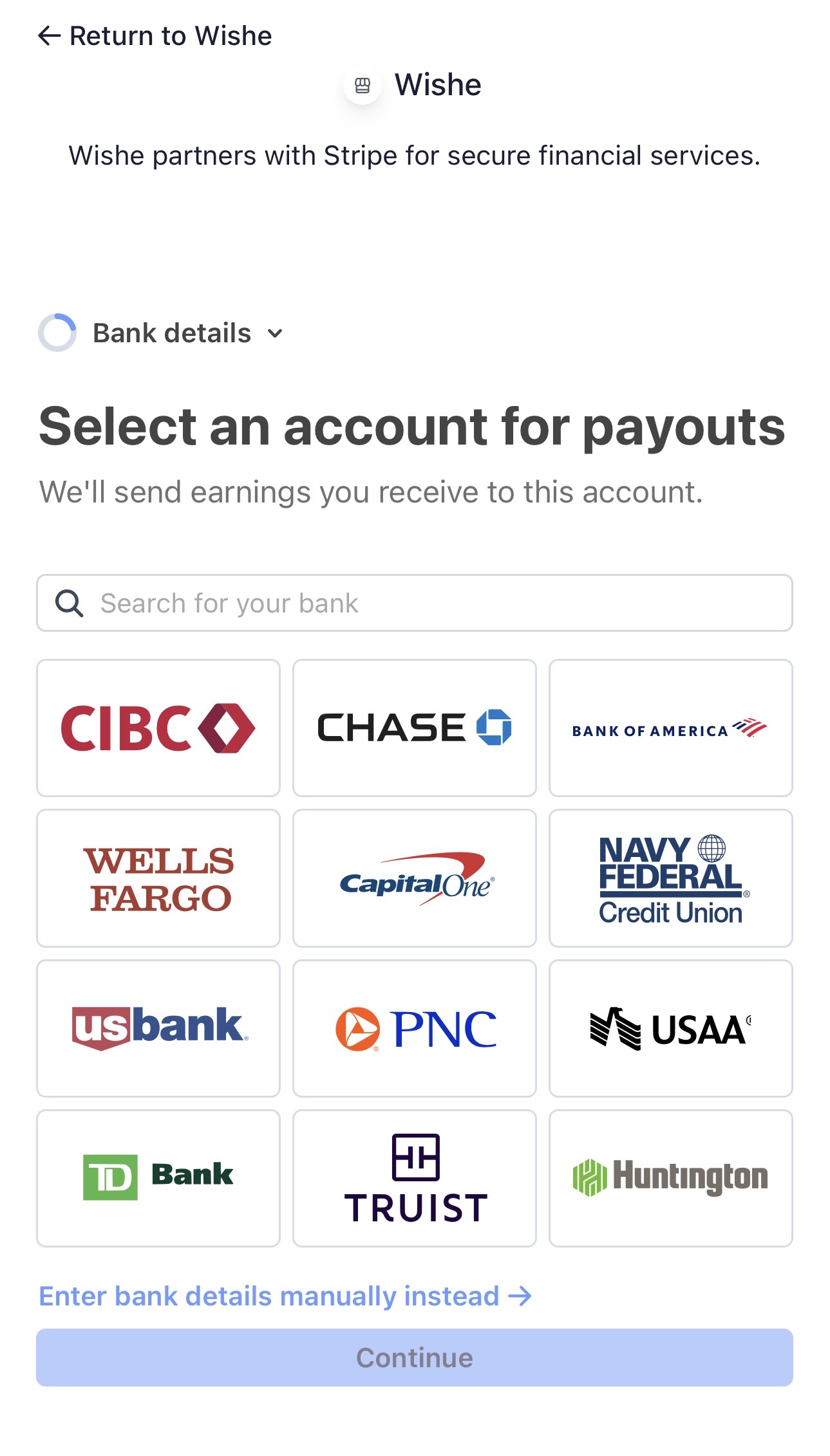 Stripe bank details screen showing bank selection options